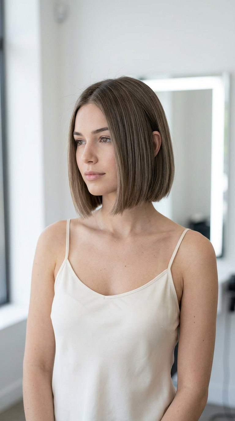 short blunt micro bob haircut in mushroom brown with subtle ash micro-lights for chic daily wear