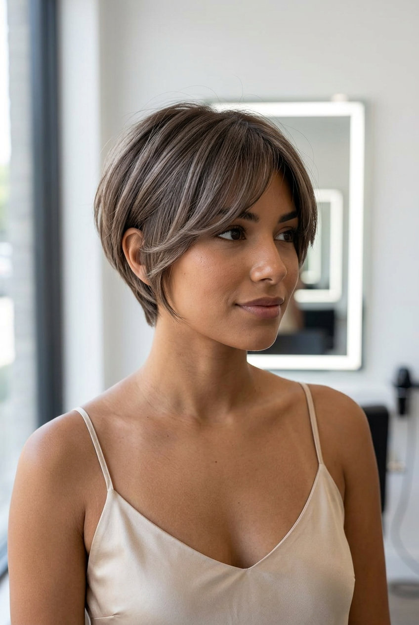 very short layered pixie haircut in cool mushroom brown with ash undertones for daily wear