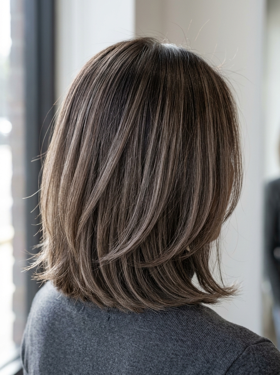 Mushroom Ash Babylights on Brunette 2026 long layered dark brunette with mushroom ash babylights, muted taupe for sophisticated dimension