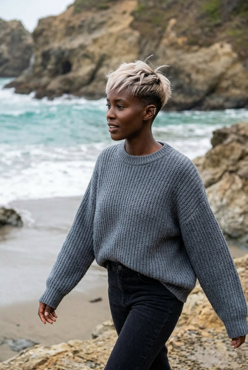 short mushroom platinum tapered cut with charcoal shadow root, textured natural hair for edgy looks