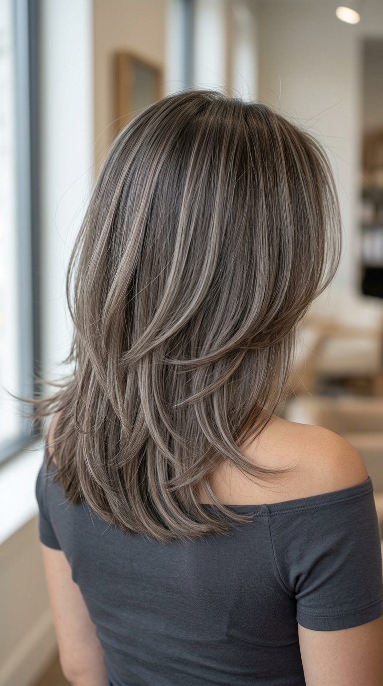 short mushroom mocha multi-tonal lowlights with cool ash brown and grey tones for office