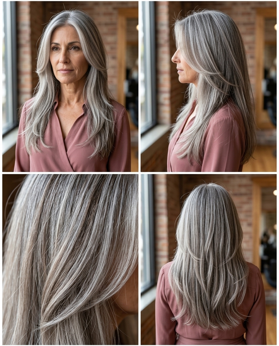 long layered haircut with mushroom silver and ash brown lowlights for sophisticated look