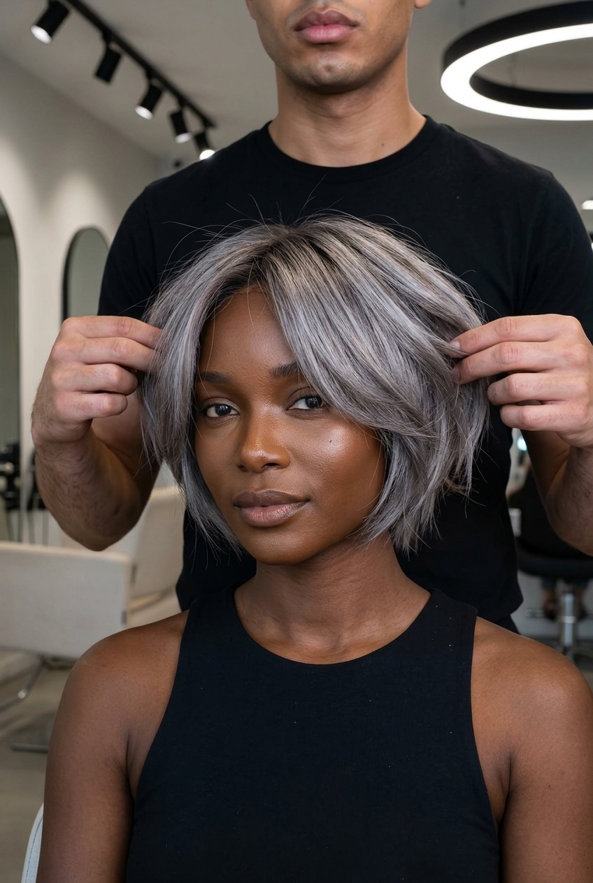 short mushroom silver bixie haircut with charcoal lowlights and razored texture for festivals