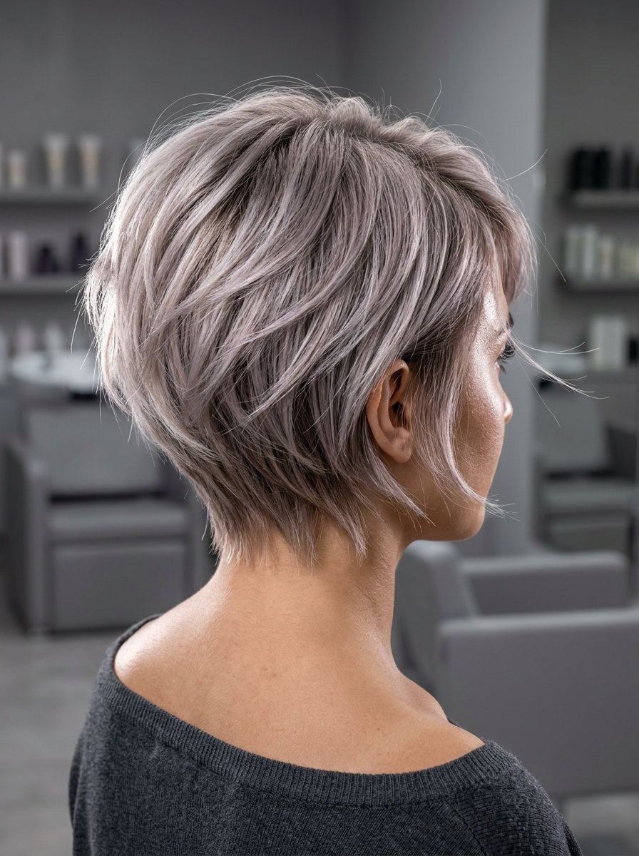short bixie haircut with mushroom silver, violet-beige, razored edges for summer