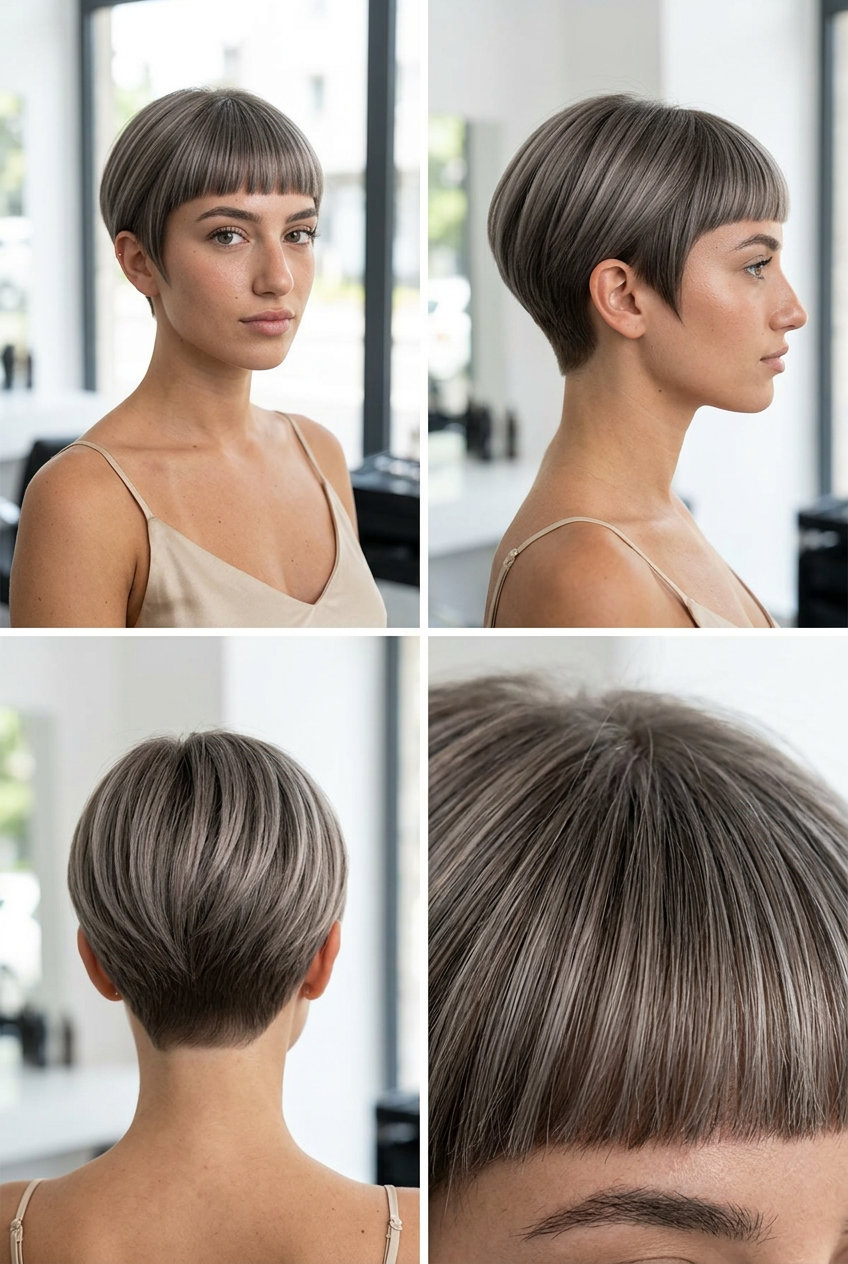 very short pixie haircut in mushroom silver with micro-fringe and tapered sides for professional events