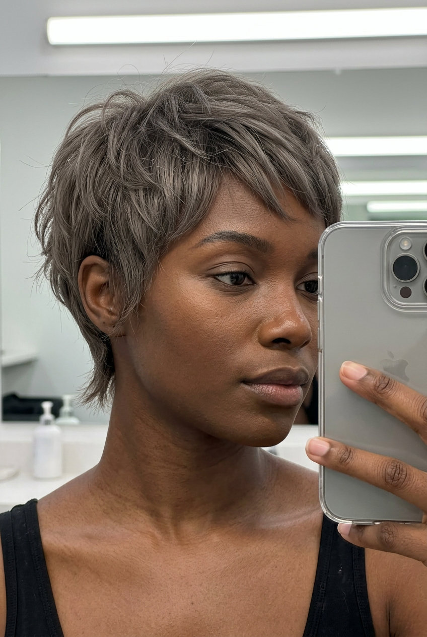 very short pixie haircut in Mushroom Silver with textured layers and tapered sides for effortless style