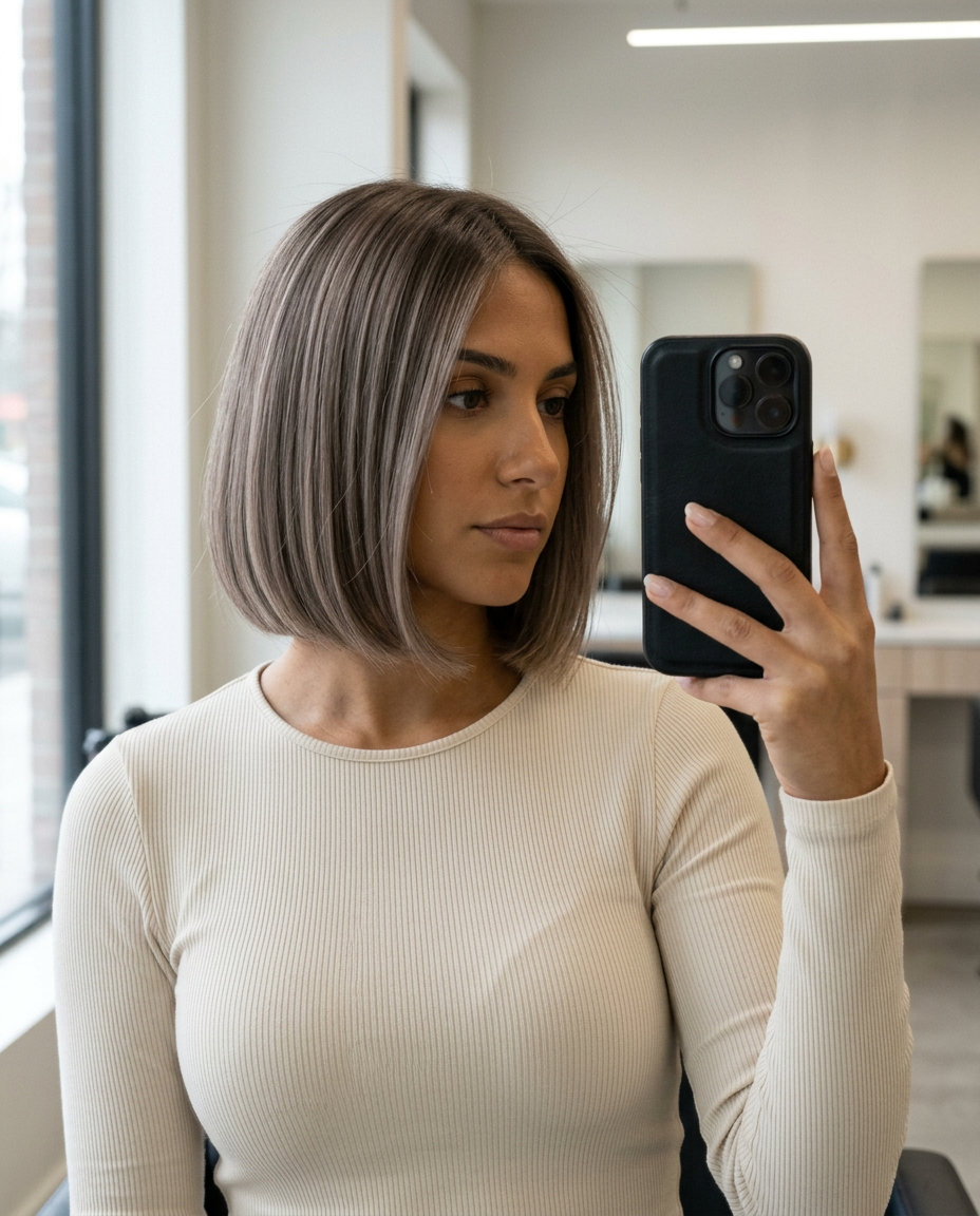 short french bob haircut in cool mushroom taupe with ash brown root, sleek blunt cut, no fringe — elegant professional look