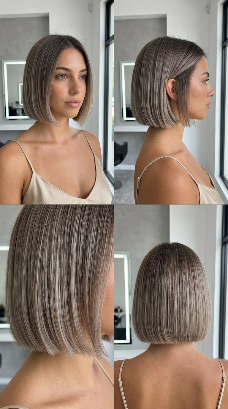 short french bob haircut in cool mushroom taupe with ash brown root, sleek blunt cut, no fringe — modern weekend brunch