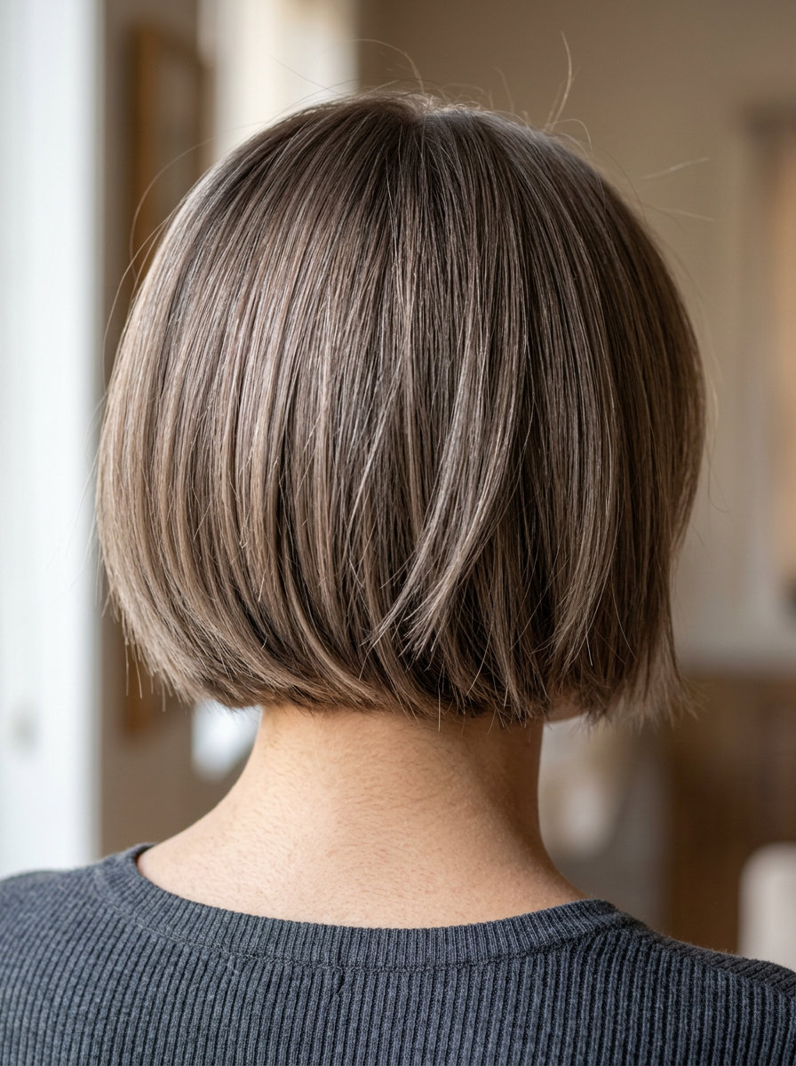 short french bob with mushroom taupe color, ash lowlights, and side part — effortless, natural