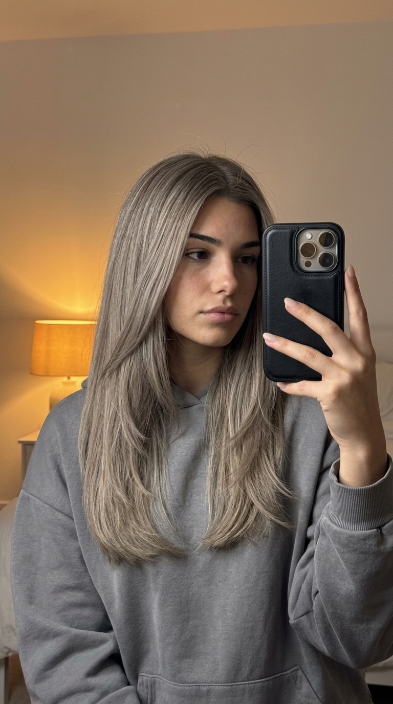 long muted blonde hair with ash beige highlights, internal layers, center part — sophisticated