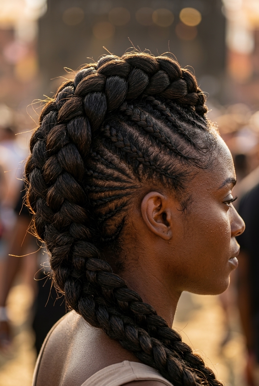 The Rebel Braid Hawk 2026 medium-long natural black braid hawk with deep brunette tones, Dutch braid and cornrow technique, no fringe — edgy music festival style