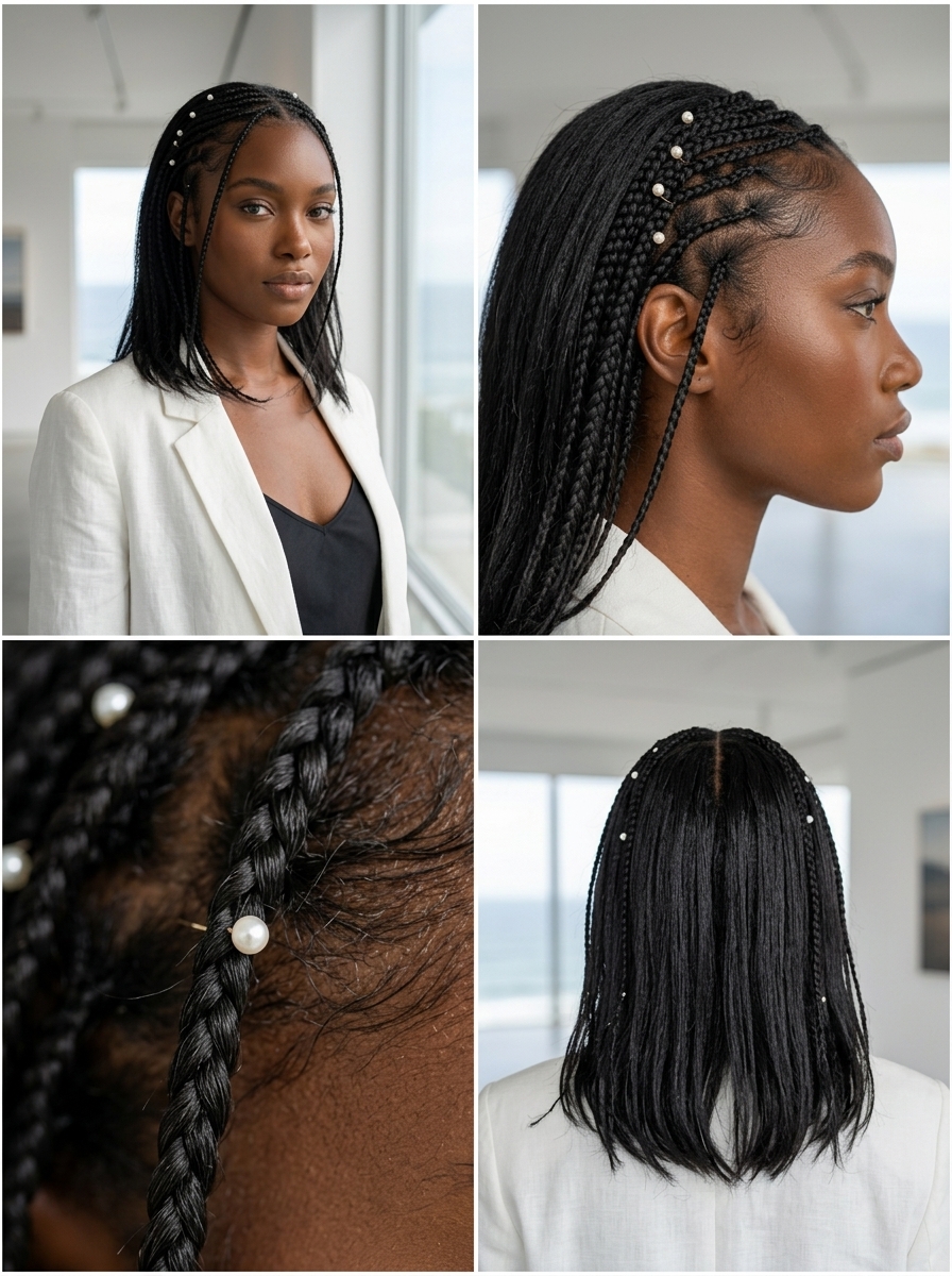 Pearl Baby Braids 2026 short natural black baby braids with cool dark brown tones, three-strand braid technique, face-framing pieces — elegant minimalist style