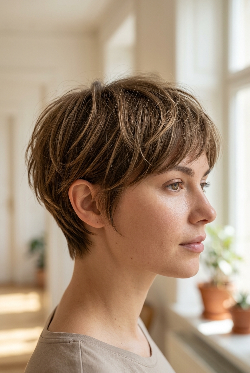 classic pixie haircut with natural blonde color and wispy fringe for thin fine hair