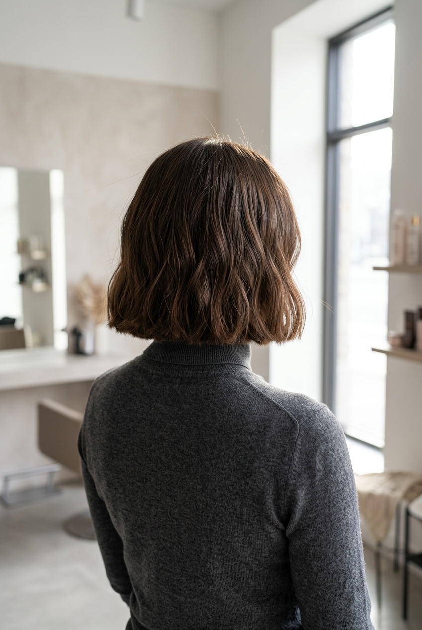 chin-length box bob haircut in rich natural brown with warm reflections, blunt perimeter, no fringe — modern minimalist style