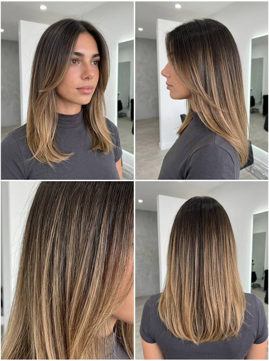 long natural brunette to beige ombre with subtle lift, virgin hair effect for summer