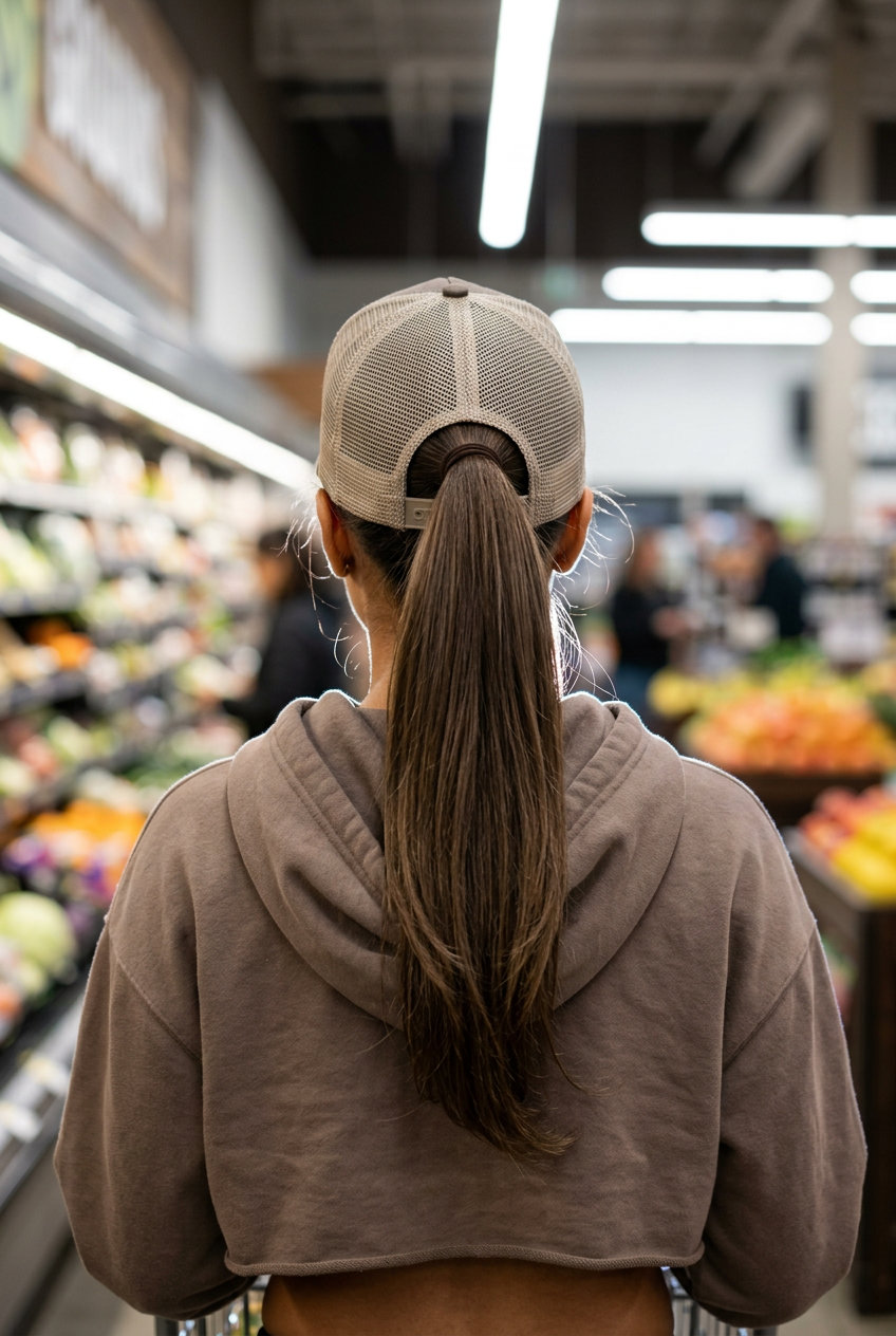 long layered hair with natural brunette, minimal face-framing, no fringe — sporty errand run