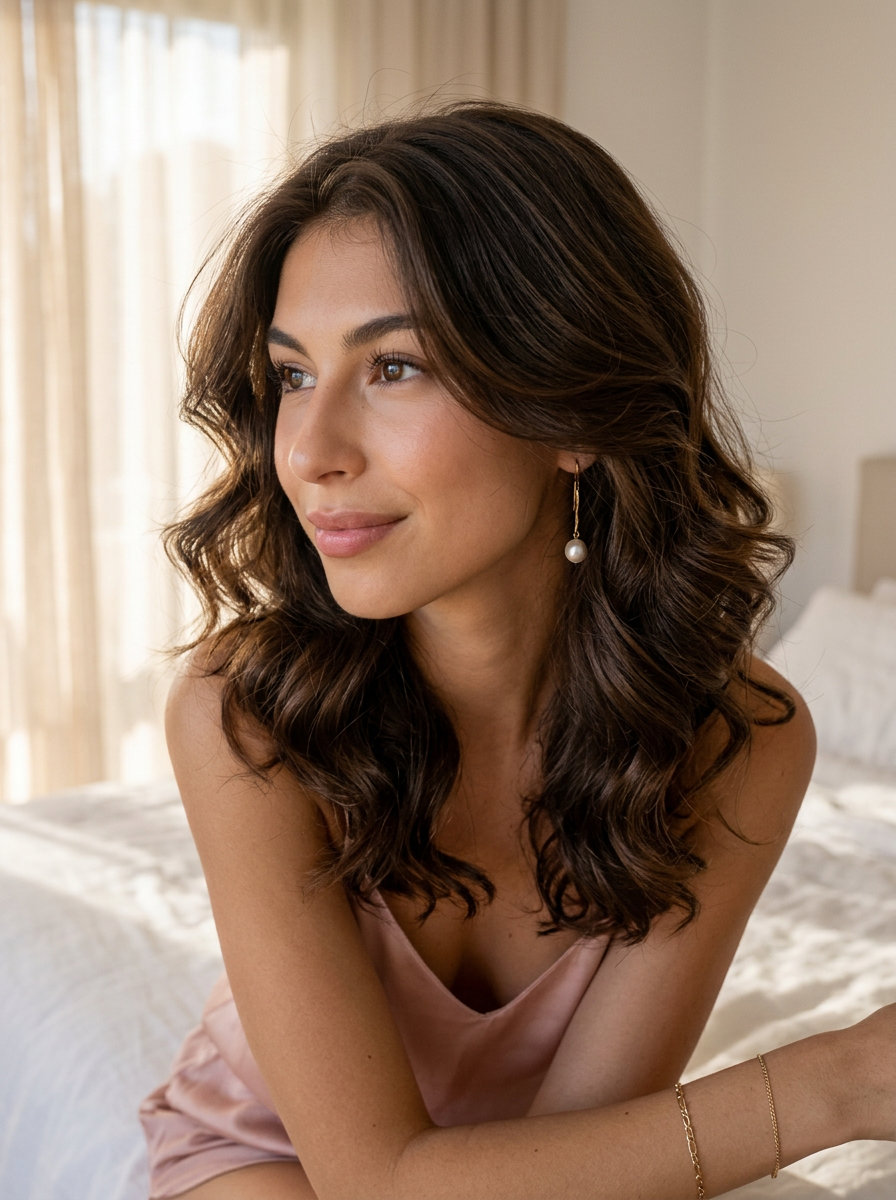 long wavy hairstyle with natural brunette and heatless overnight waves for summer 2026