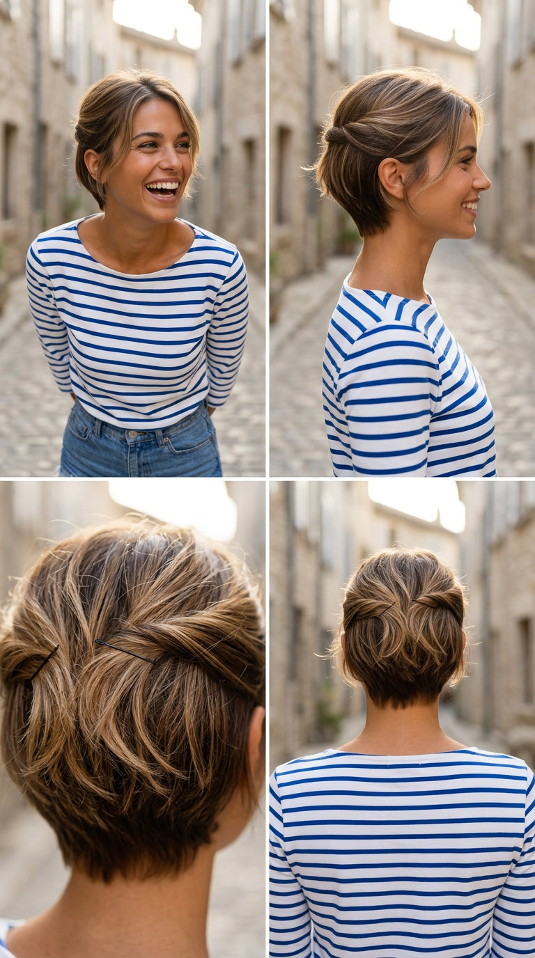 short razored pixie half up half down with natural brunette, warm babylights, piecey texture — playful summer style