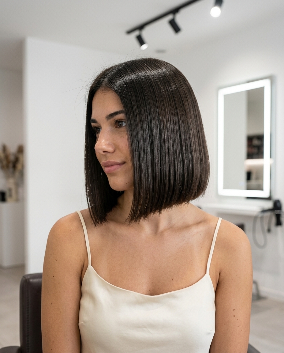 Hydro Glossy Short Bob 2026 short italian bob haircut with high-gloss natural color, razor-sharp blunt perimeter — modern edgy