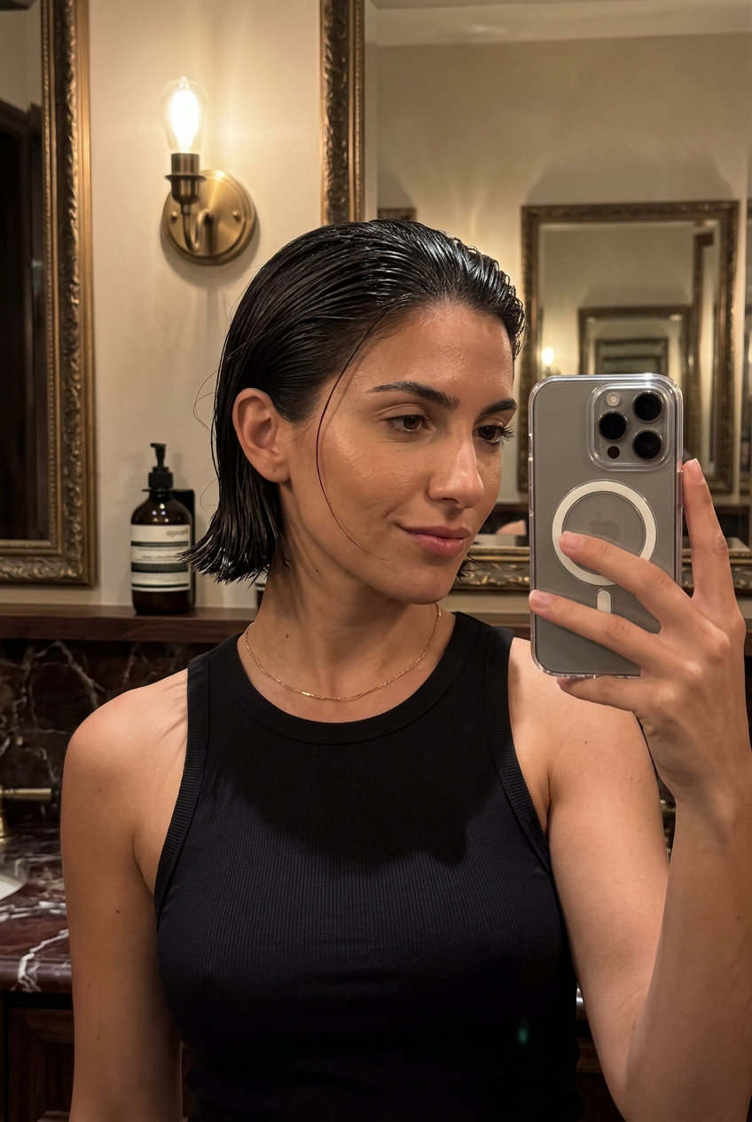 short natural color micro bob with high-gloss finish, blunt cut, no bangs — edgy