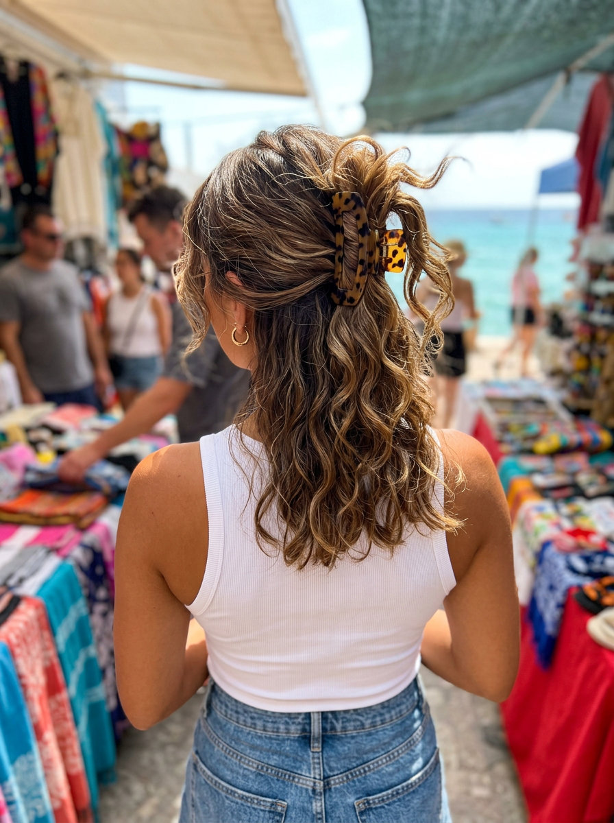 long natural brunette wavy hairstyle with sun-kissed ends, 90s retro claw clip waves with twisted bun for summer