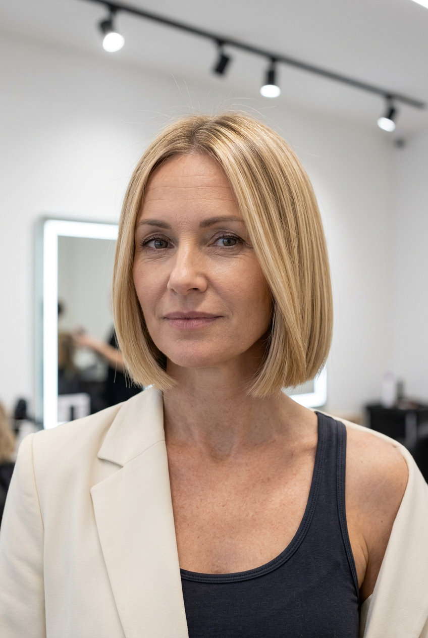 chin-length blunt bob haircut in nectar blonde with honey babylights and root smudge for summer