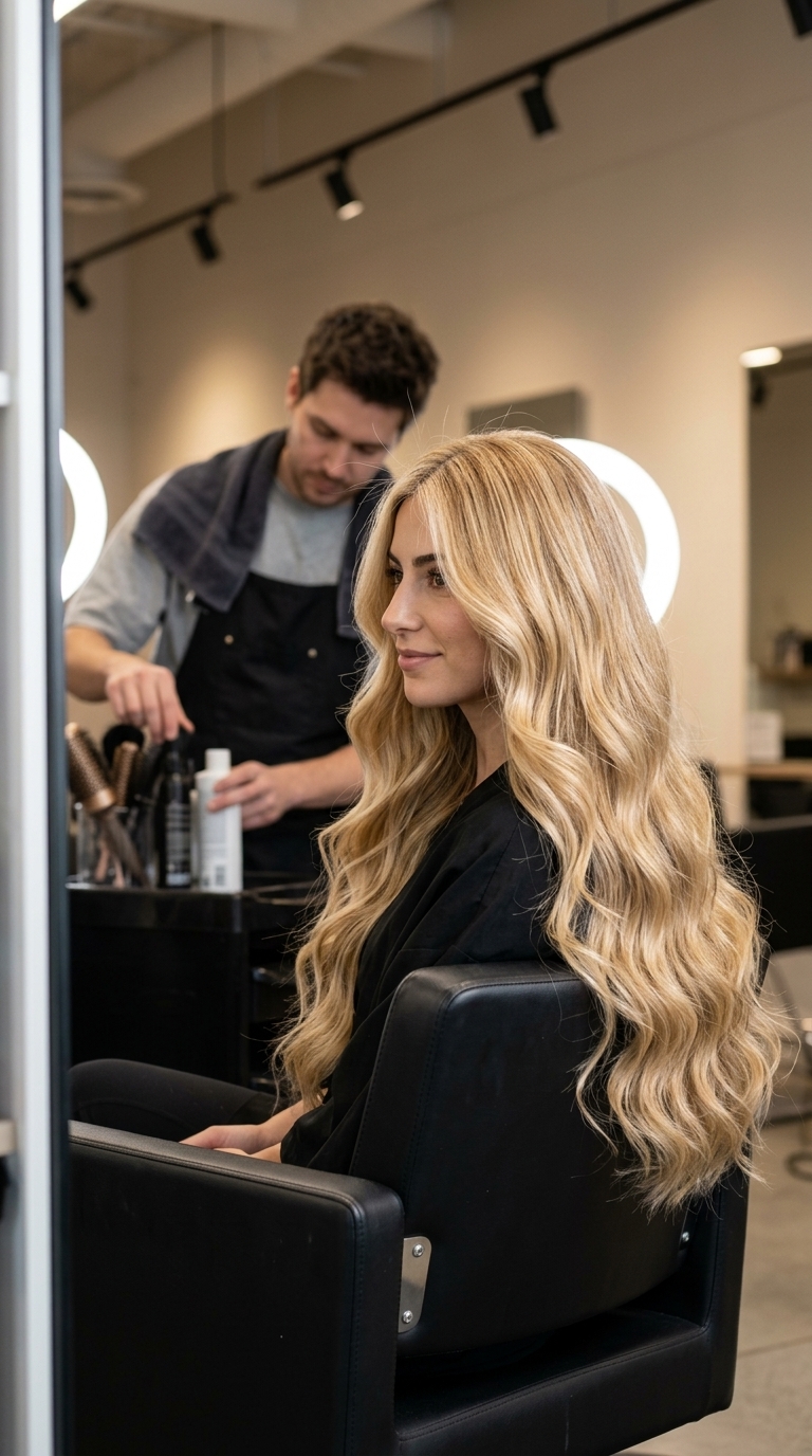 extra-long nectar gold hair with golden babylights, cascading layers, soft V-shape back for glamour