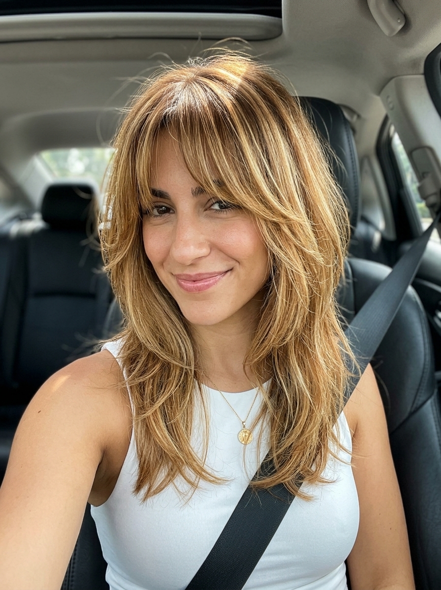 medium nectar golden balayage shag haircut with choppy layers and curtain bangs for festivals