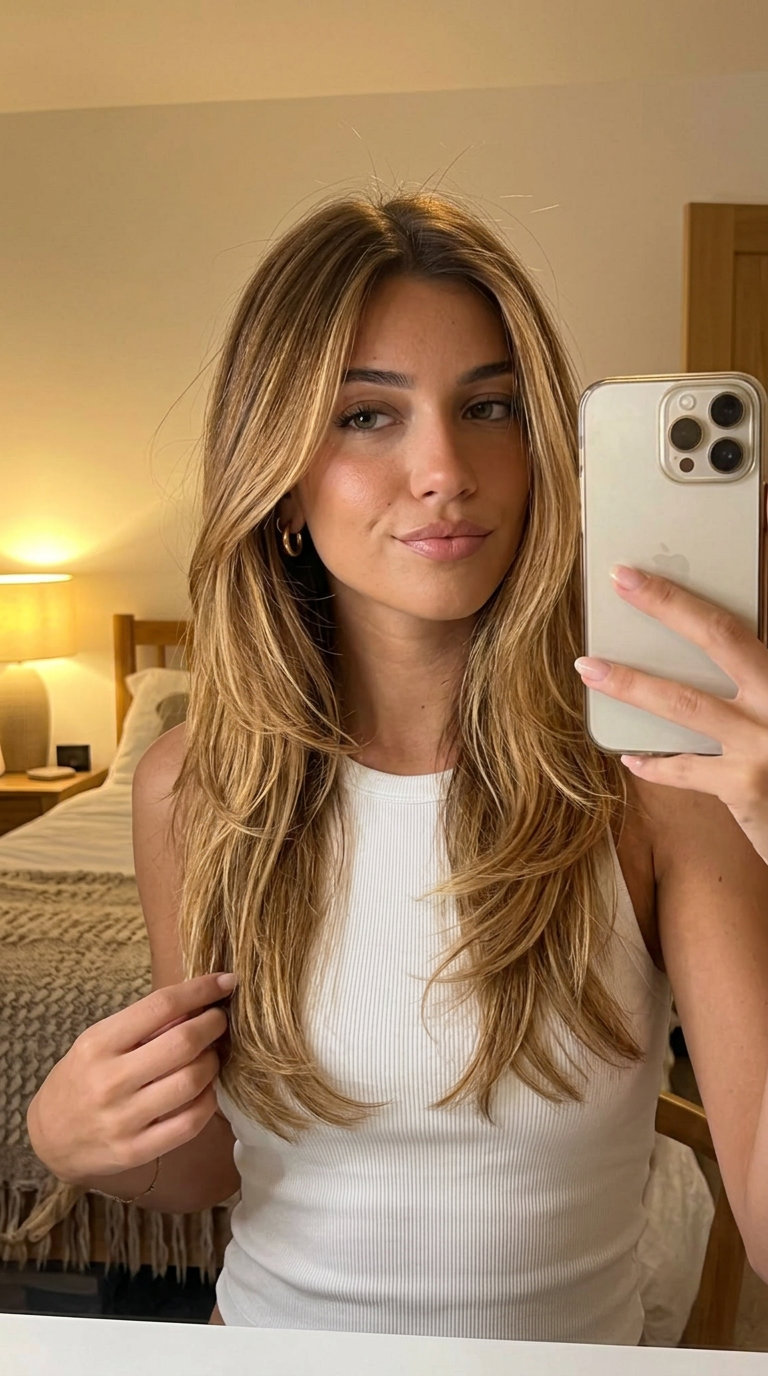 long nectar balayage hair with deep honey and apricot tones, soft face-framing for bohemian style