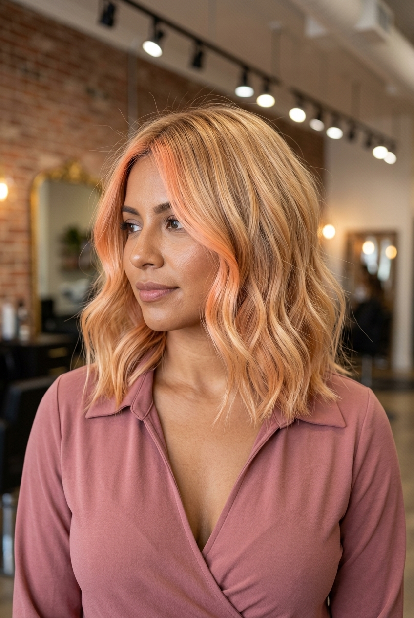collarbone-length lob haircut in nectarine blonde with peach undertones and face-framing layers for date night