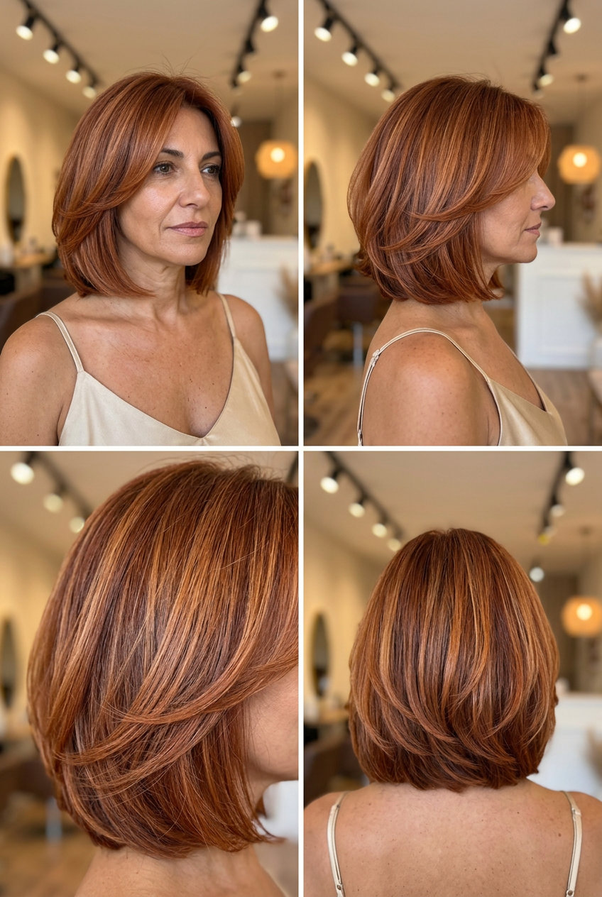 chin-length butterfly bob with nectarine copper auburn and face-framing layers for playful look
