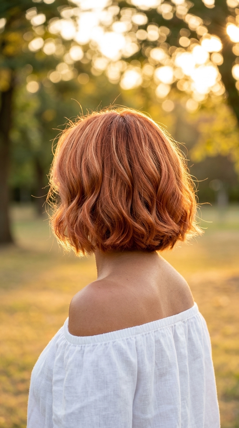 chin-length wavy bob haircut in nectarine copper with strawberry blonde babylights for glam look