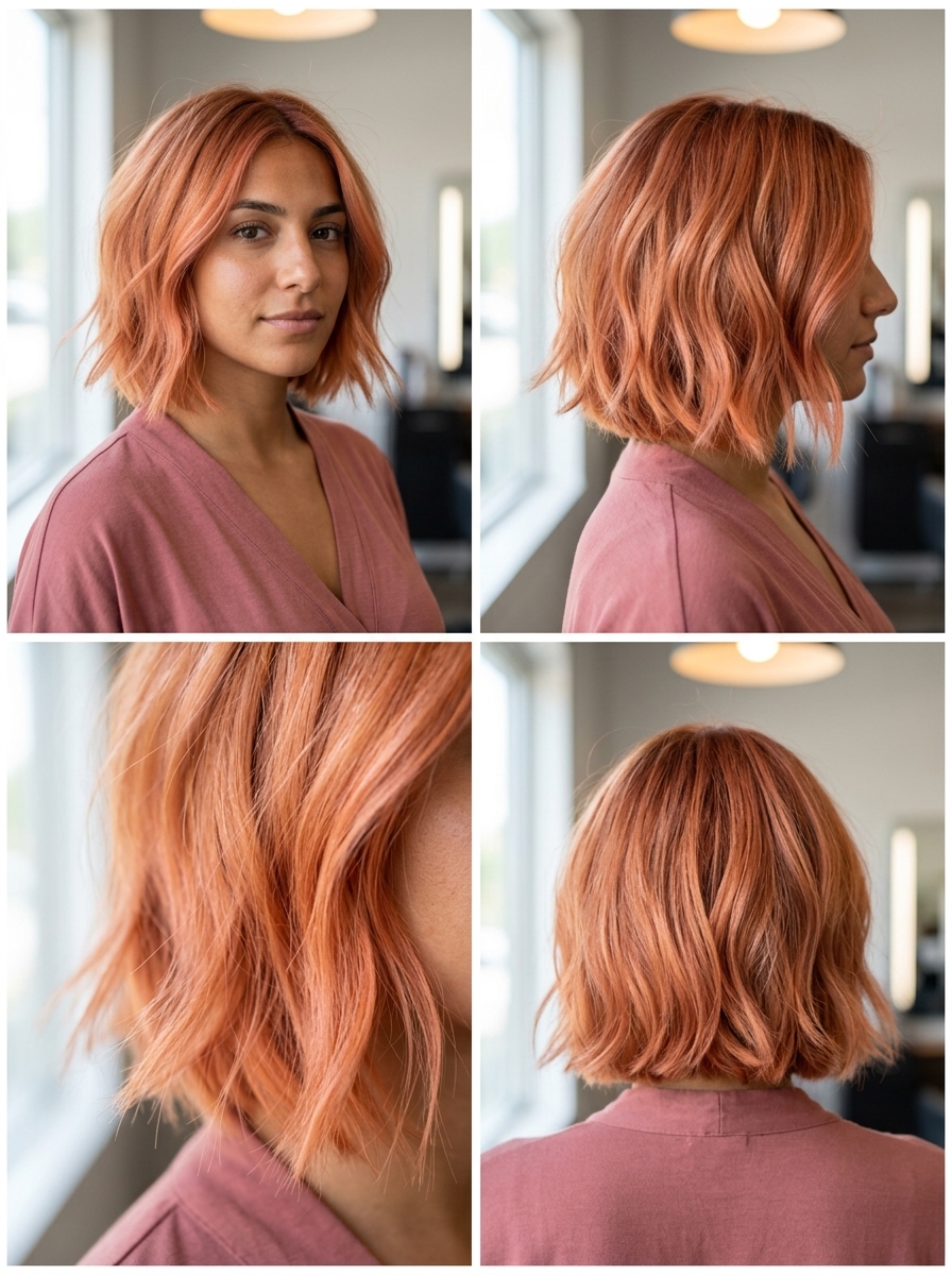 chin-length wavy bob haircut in nectarine copper with textured layers for summer