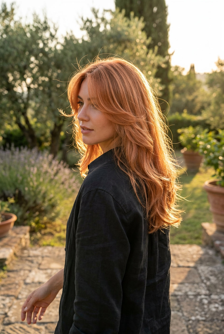 collarbone nectarine copper butterfly haircut with peach undertones, face-framing layers — playful textured style