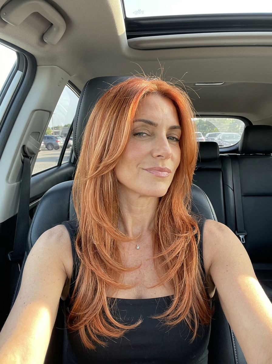 long layered haircut with warm nectarine copper and babylights for vibrant look