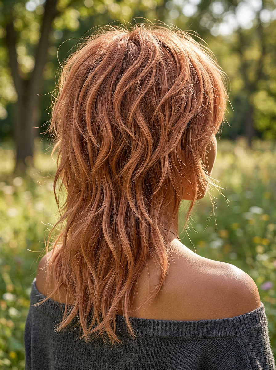 shoulder-length midi-shag with muted nectarine copper and choppy layers for playful look
