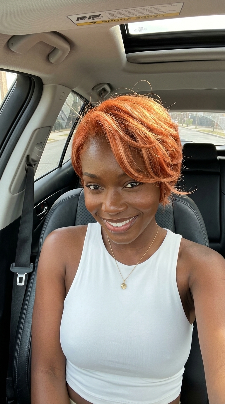 short nectarine copper bixie haircut with strawberry blonde ribbons and textured layers for playfulness
