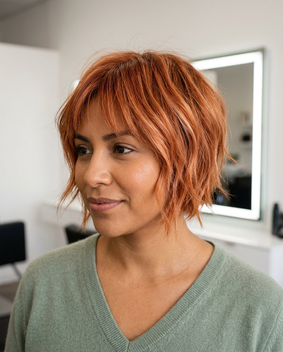 short nectarine copper bixie haircut with strawberry blonde ribbons and wispy fringe for summer