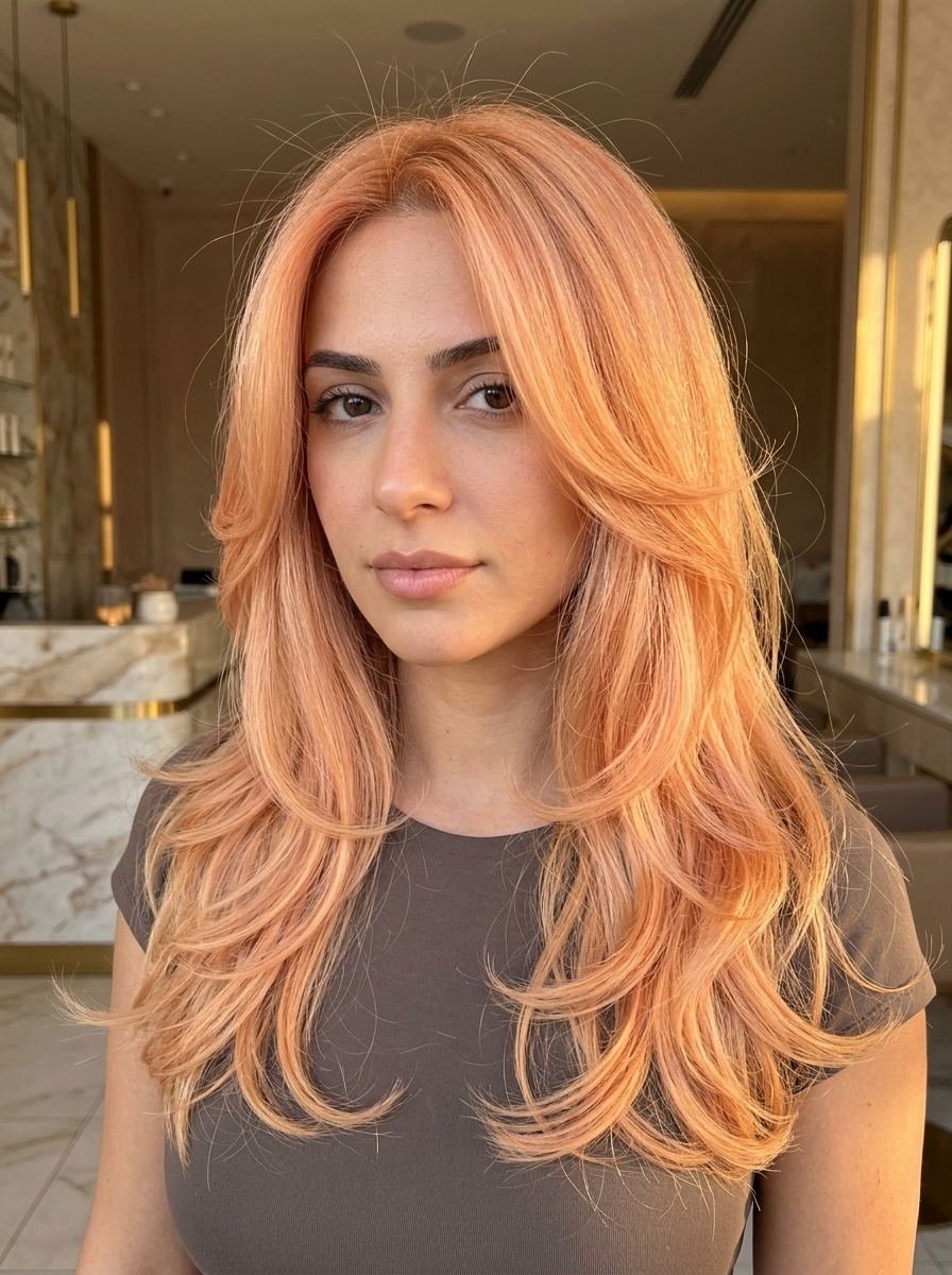 Long haircut with sweeping layers in nectarine blonde with peach/apricot tones, face-framing pieces, U-shape back — playful vibrant