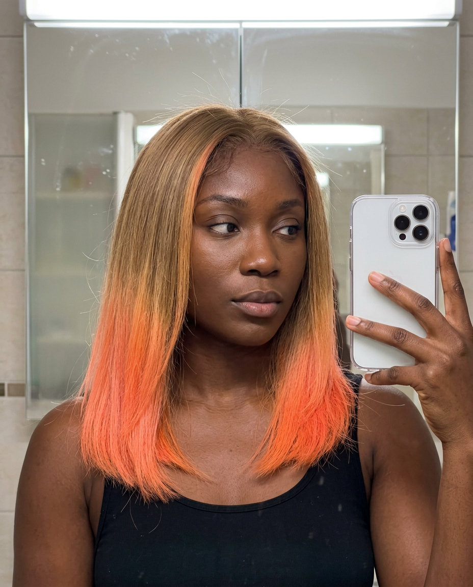Edgy Apricot Dip-Dye Ends 2026 short apricot blonde dip-dye ends with neon apricot, blunt cut, edgy for concerts