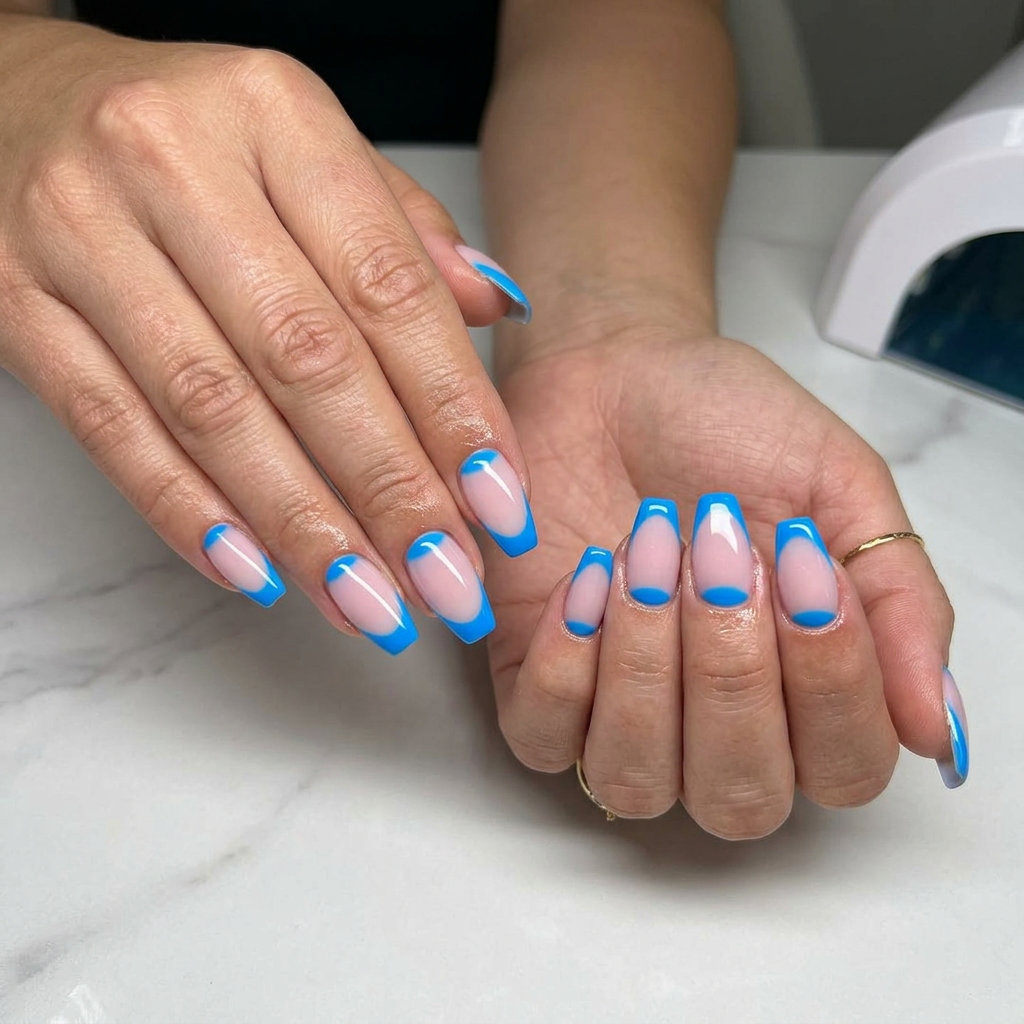 Neon Summer Nails 2026: Electric Blue Moon Mani Neon summer nails 2026: Electric Blue Moon Manicure on medium almond nails for a futuristic vibe.