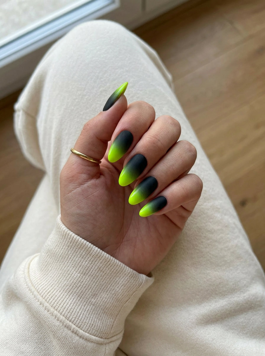 Neon Summer Nails 2026: Electric Lime Black Ombre Neon summer nails 2026: Electric Lime and Black Ombre on long almond nails for a dramatic look.