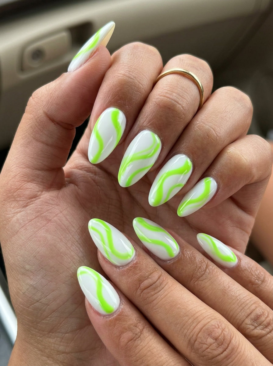 Lime & White Swirl Nails 2026 Electric Lime and White Swirls nails for neon summer nails 2026. Edgy, artistic short square design.