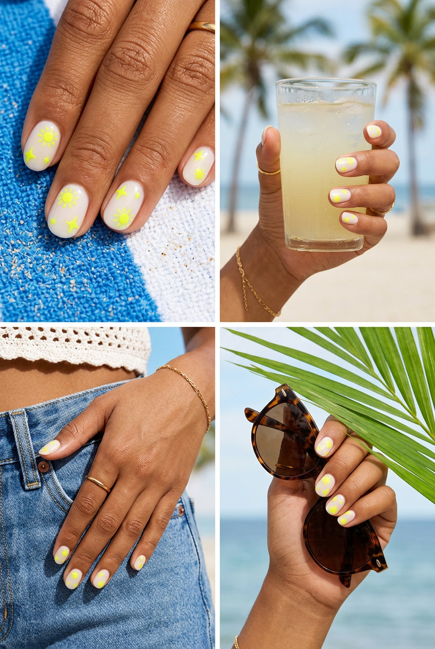 Neon summer nails 2026: Fluorescent Yellow Decals on milky white base for a whimsical look.