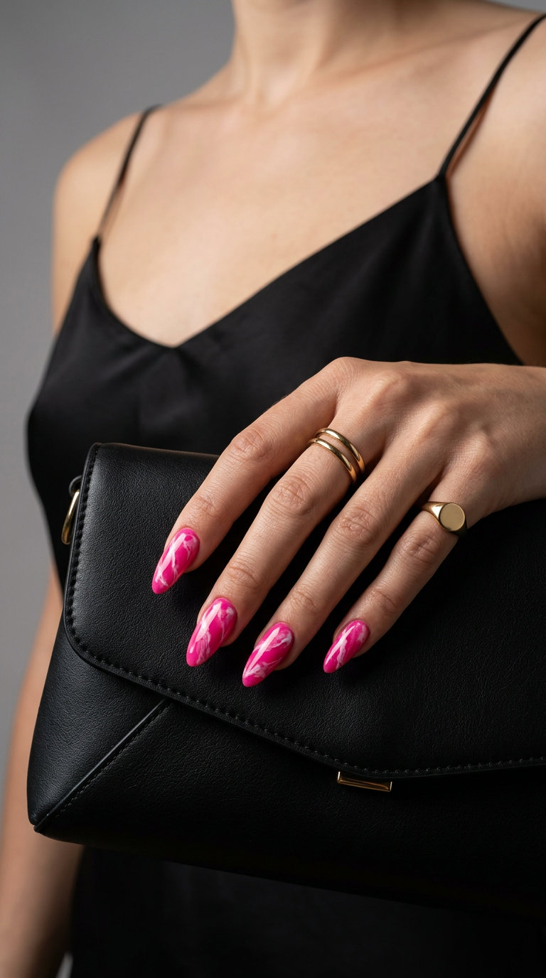 Hot Pink Marble Nails 2026: Glamorous Gala Style Hot pink marble nails for a formal event, date night, or summer gala. Neon summer nails 2026.