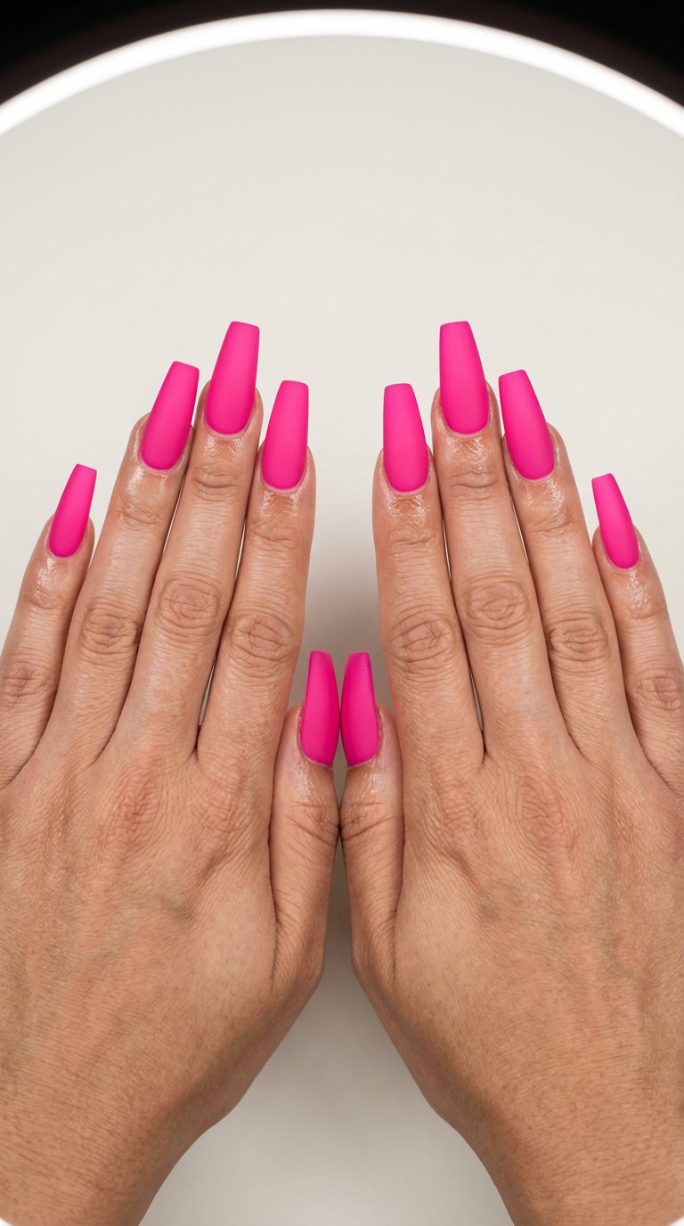 Hot Pink Matte Coffin Nails 2026 Hot Pink Matte Coffin nails for neon summer nails 2026. Sultry, daring velvet finish.