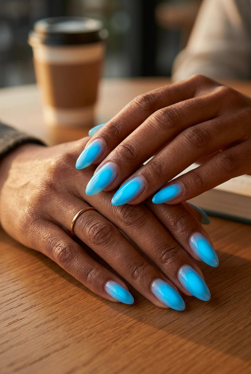 Neon Blue Aura Almond Nails 2026 Neon Blue Aura Almond nails for neon summer nails 2026. Ethereal diffused gradient effect.
