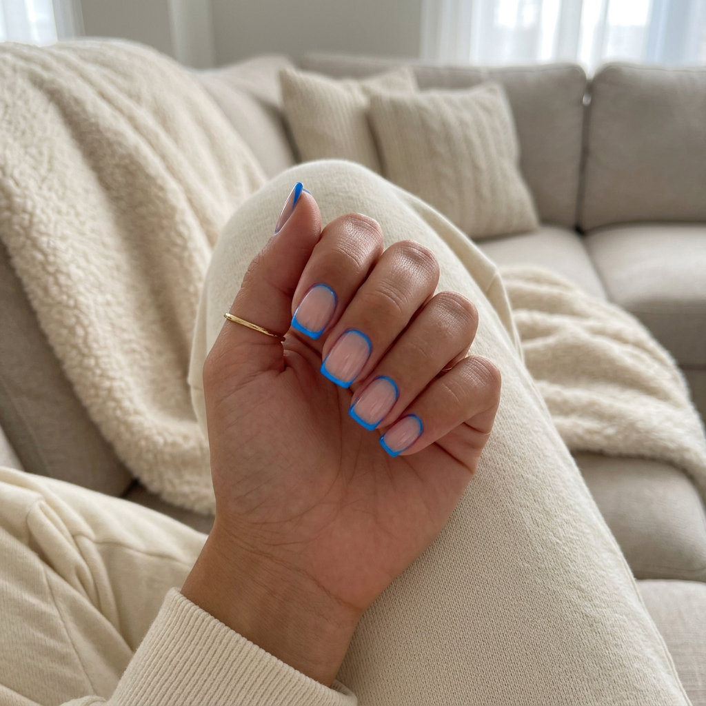 Neon Summer Nails 2026: Neon Blue Negative Space Neon summer nails 2026: Neon Blue Negative Space French on short square nails for an edgy vibe.