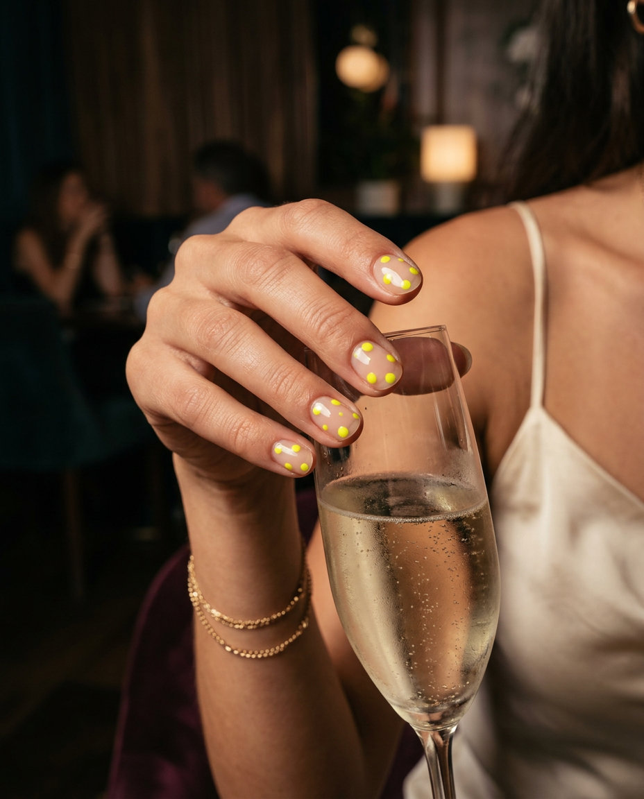 Neon Summer Nails 2026: Sunshine Yellow Dotty Neon summer nails 2026: Sunshine yellow dotty nails with a clear glass effect for casual outings.