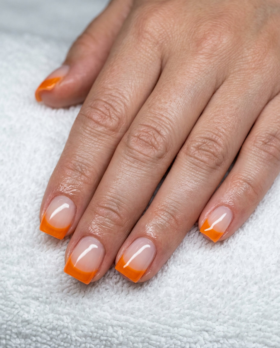 Neon Summer Nails 2026: Vivid Orange Jelly French Neon summer nails 2026: Vivid Orange Jelly French Tip on short squoval nails for a playful look.